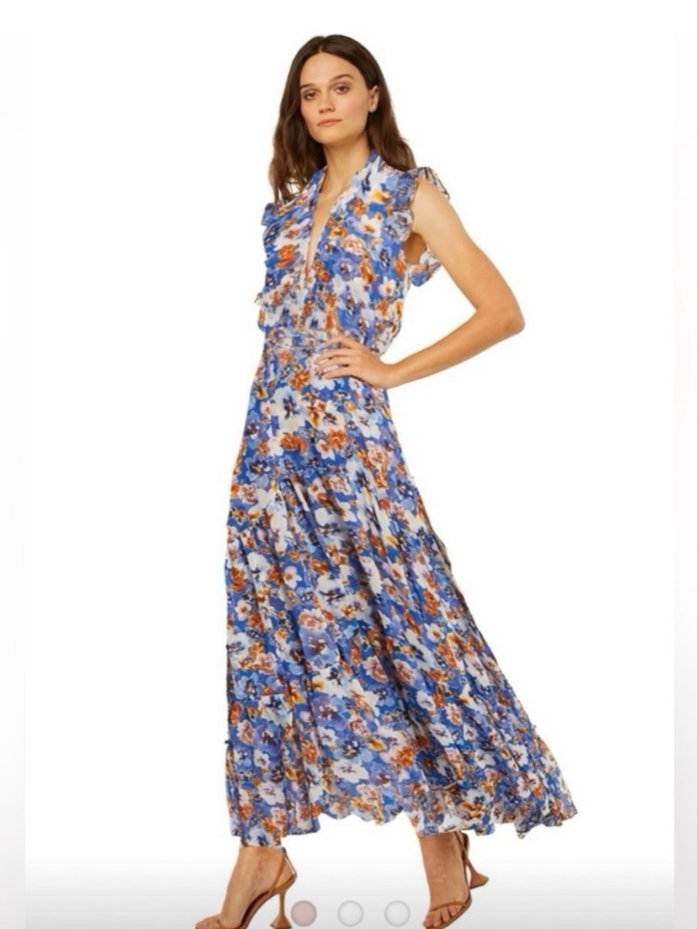 Misa Los Angeles Blue and Brown Floral Ruffle Maxi Dress